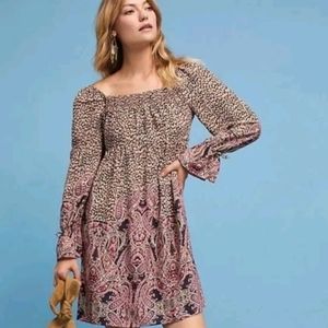 Anthropologie Maeve Milou Boho Paisley Print Smocked Mini Dress SzXS
